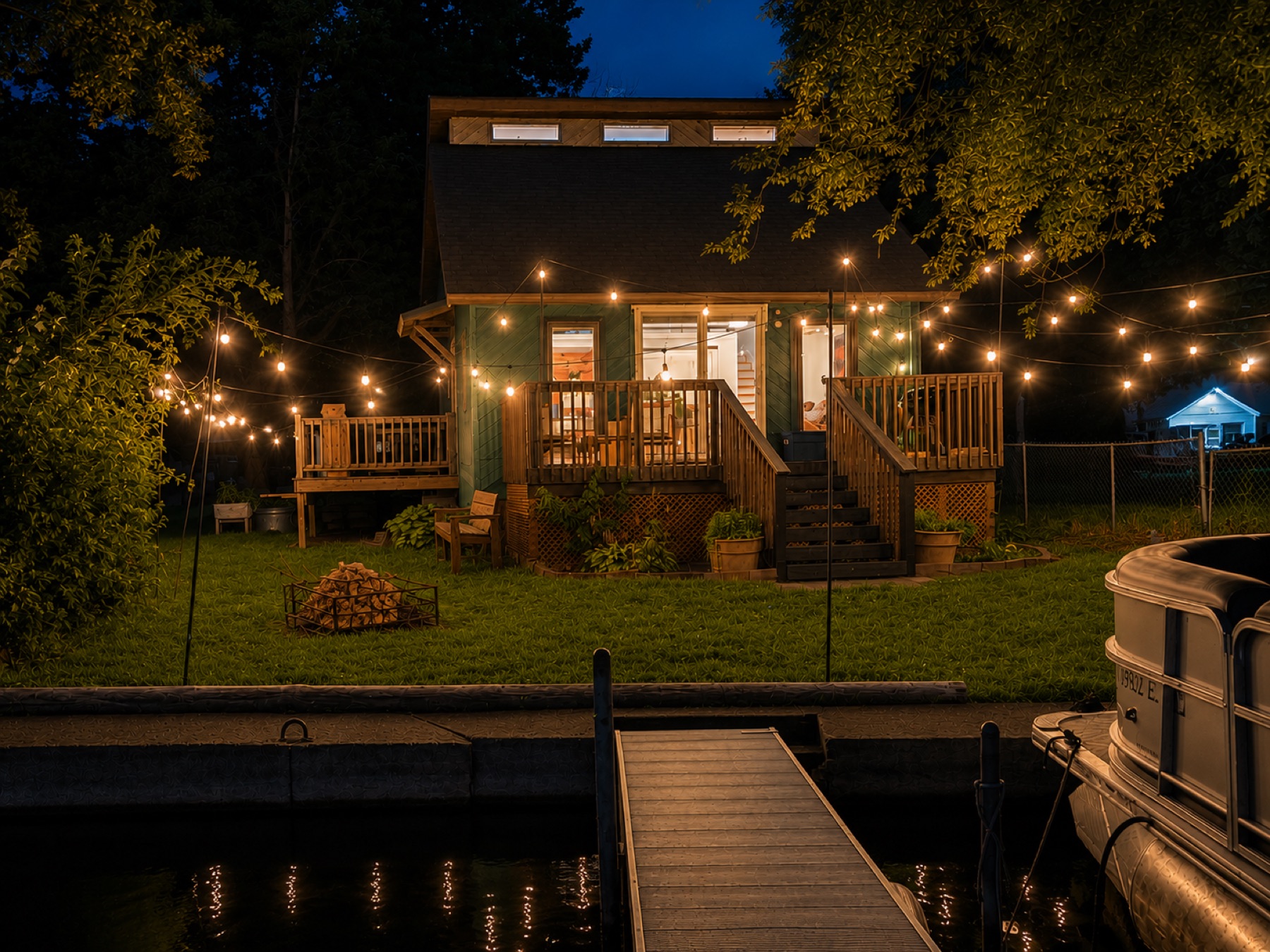 The Golden Loft lit up at night with string lights and a dock on the lake