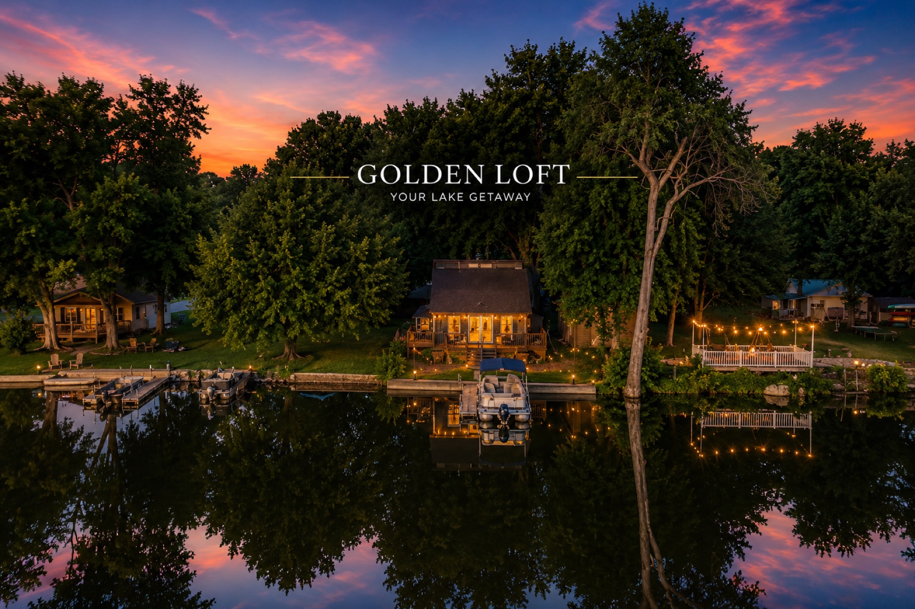 Golden Loft at sunset, seen from across the lake with its dock and string lights reflected in the water